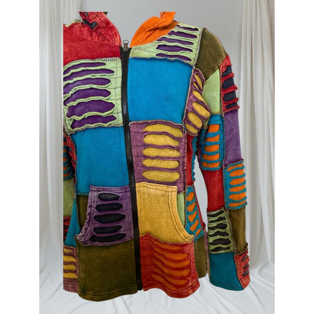 Boho Hippie Patchwork Hoodie Jacket Multicolor Sl… - image 4